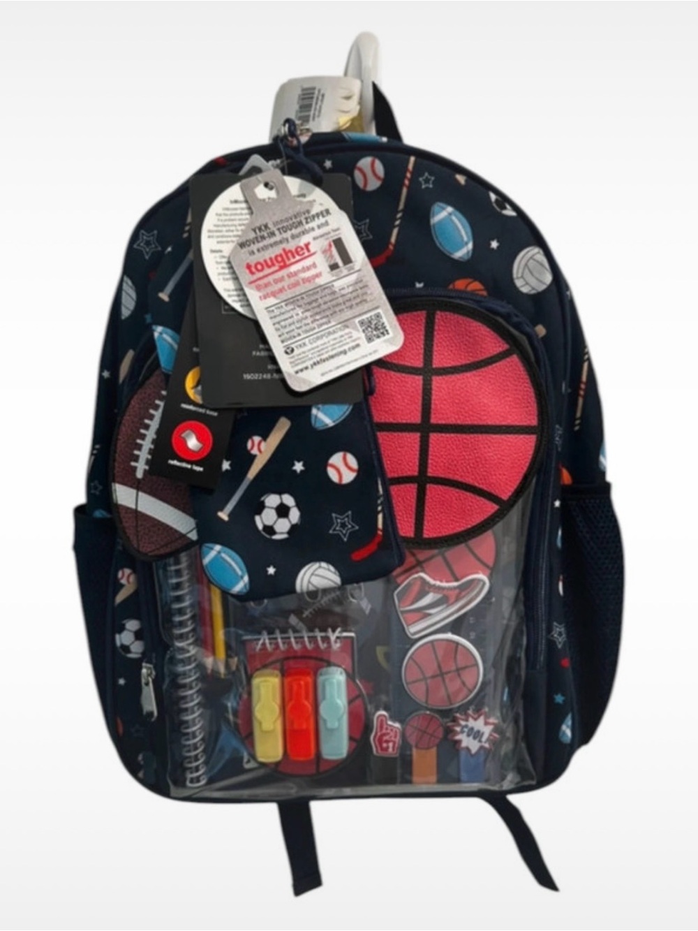 Kids Sports Print Backpack with Clear Front Pocket - Navy/Red